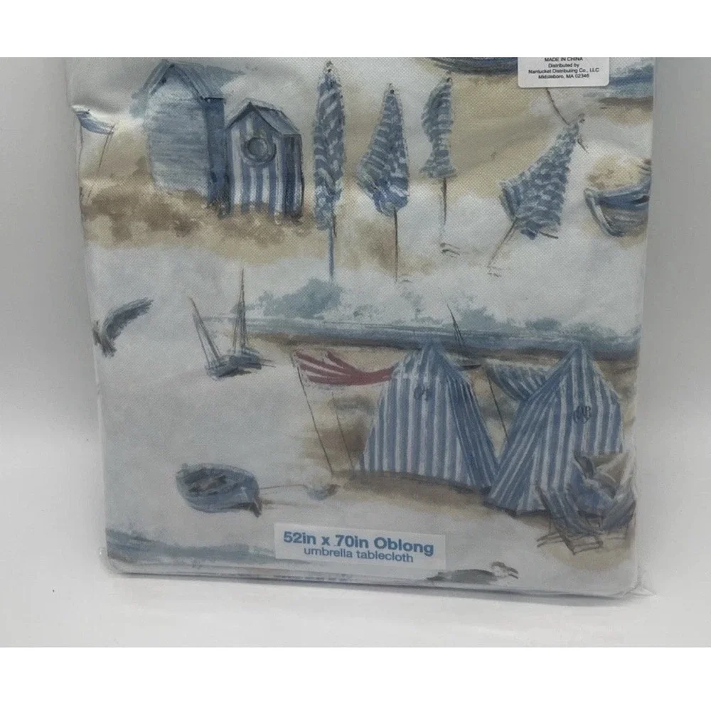 Vinyl Tablecloth Summer Fun Umbrella Zipper Closure 52x70 Oblong Beach Scene New